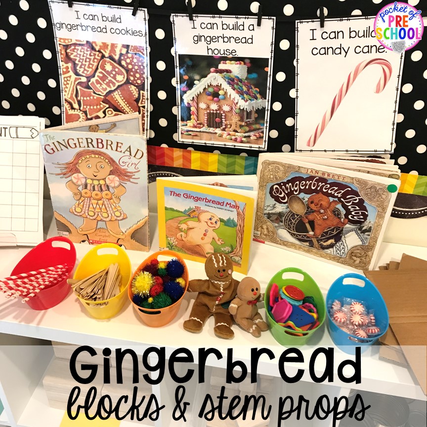 Gingerbread theme & STEM challenge in the blocks center! Blocks & STEM prop idea list for the WHOLE year, every season, holiday, and theme! #preschool #prek #kindergarten #STEM #blockscenter