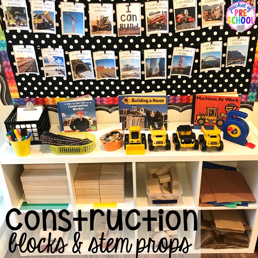 Construction theme & STEM challenge in the blocks center! Blocks & STEM prop idea list for the WHOLE year, every season, holiday, and theme! #preschool #prek #kindergarten #STEM #blockscenter