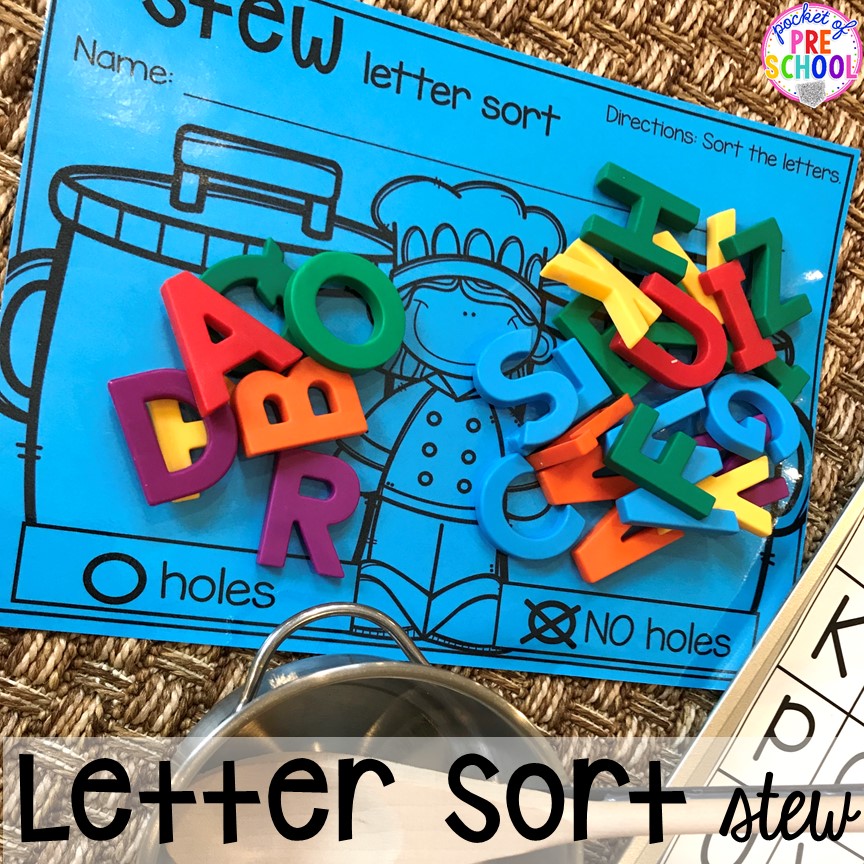Letter sort! Literacy Stews is a FUN letter, beginning sound, sight word, and name game for preschool, pre-k, and kindergarten. #preschool #prek #lettergame #sightwords