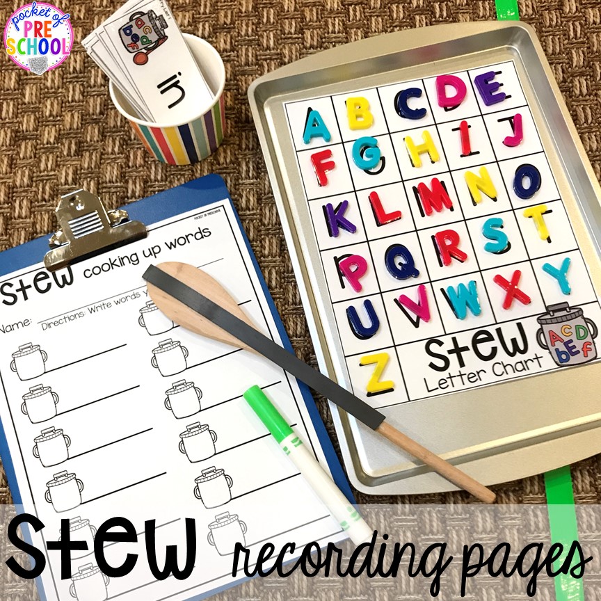 Sight word stew! Literacy Stews is a FUN letter, beginning sound, sight word, and name game for preschool, pre-k, and kindergarten. #preschool #prek #lettergame #sightwords