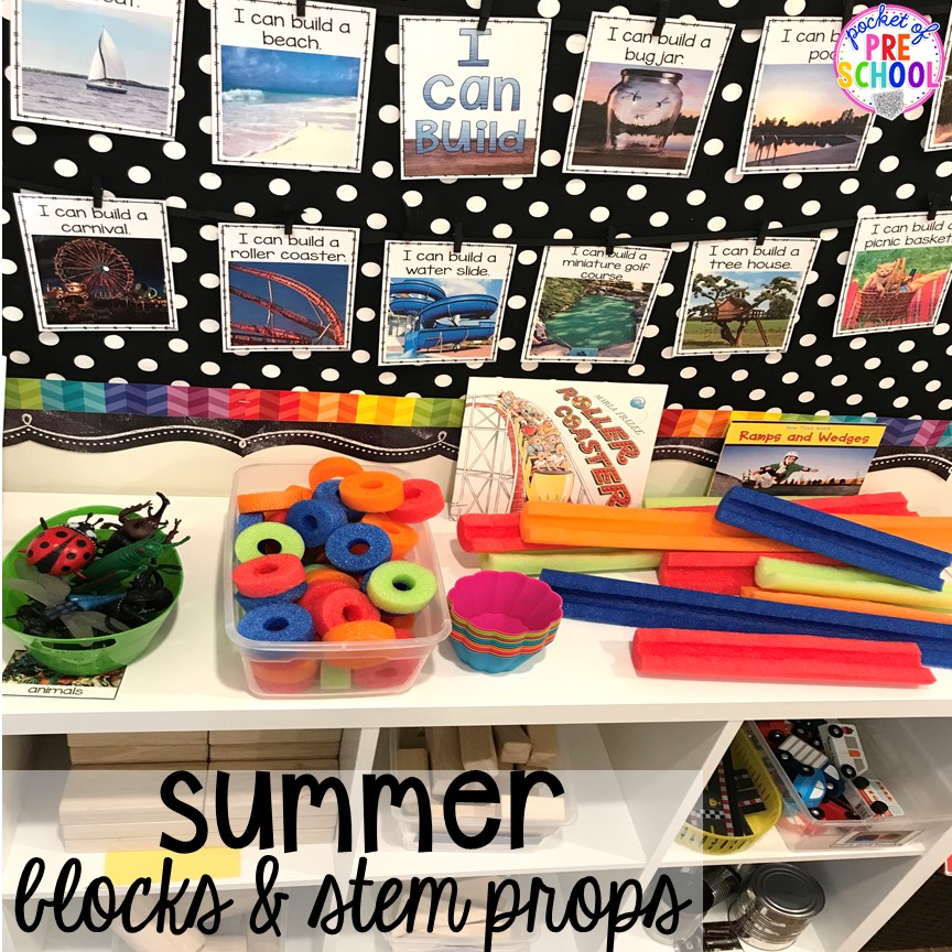 Summer theme & STEM challenge in the blocks center! Blocks & STEM prop idea list for the WHOLE year, every season, holiday, and theme! #preschool #prek #kindergarten #STEM #blockscenter