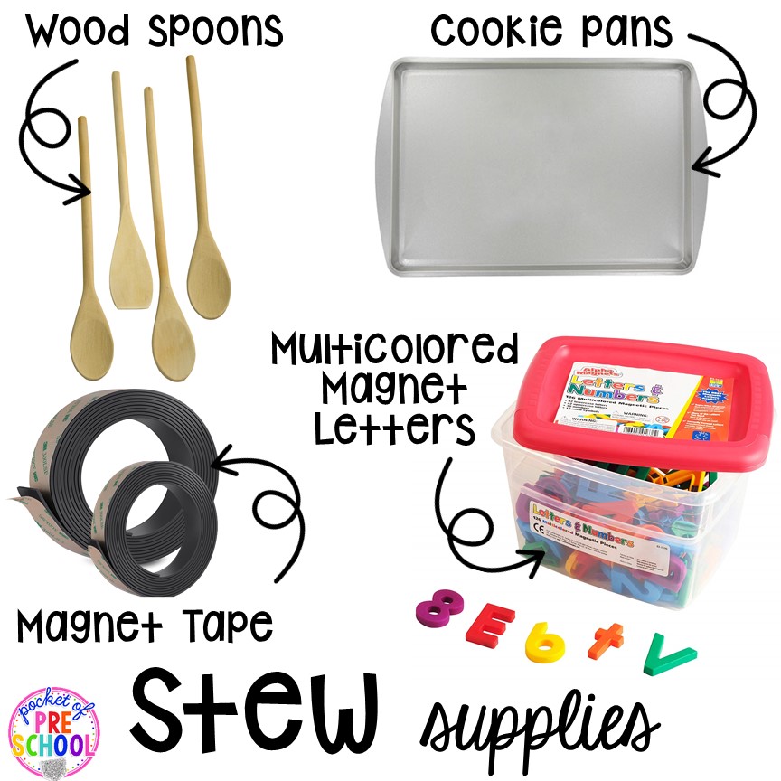 Supplies! Literacy Stews is a FUN letter, beginning sound, sight word, and name game for preschool, pre-k, and kindergarten. #preschool #prek #lettergame #sightwords