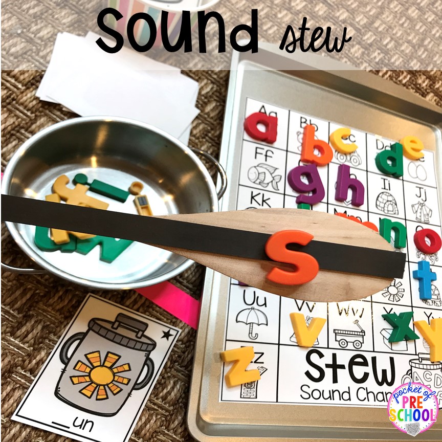 Beginning sound game! Literacy Stews is a FUN letter, beginning sound, sight word, and name game for preschool, pre-k, and kindergarten. #preschool #prek #lettergame #sightwords