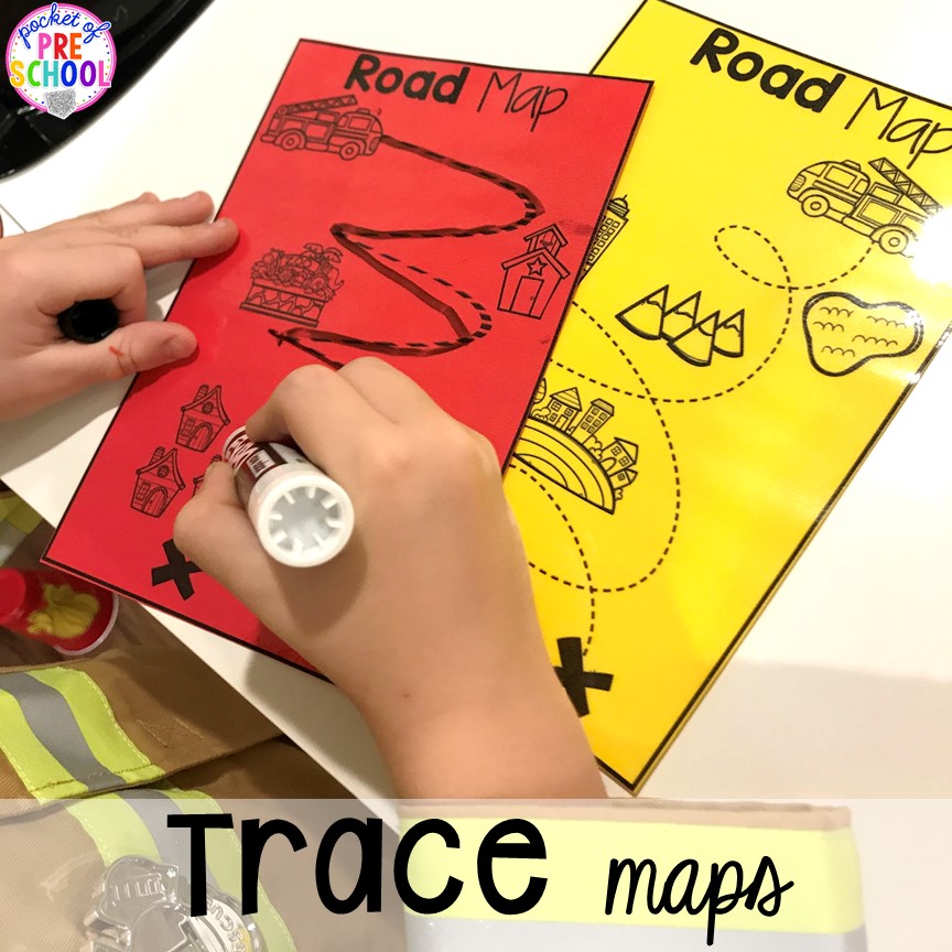 Neighborhood maps for the Fire Station dramatic play! It's so much for a fire safety theme or community helpers theme. #dramaticplay #firestationdramaticplay #preschool #prek #firesafteytheme
