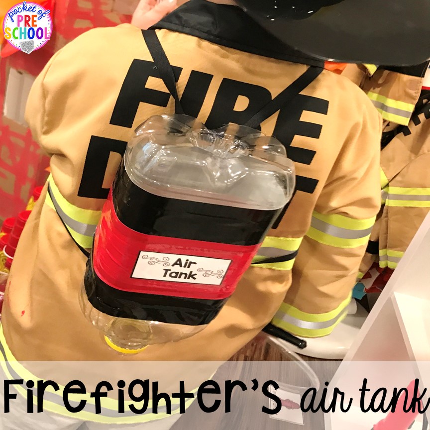 DIY air tank for the Fire Station dramatic play! It's so much for a fire safety theme or community helpers theme. #dramaticplay #firestationdramaticplay #preschool #prek #firesafteytheme