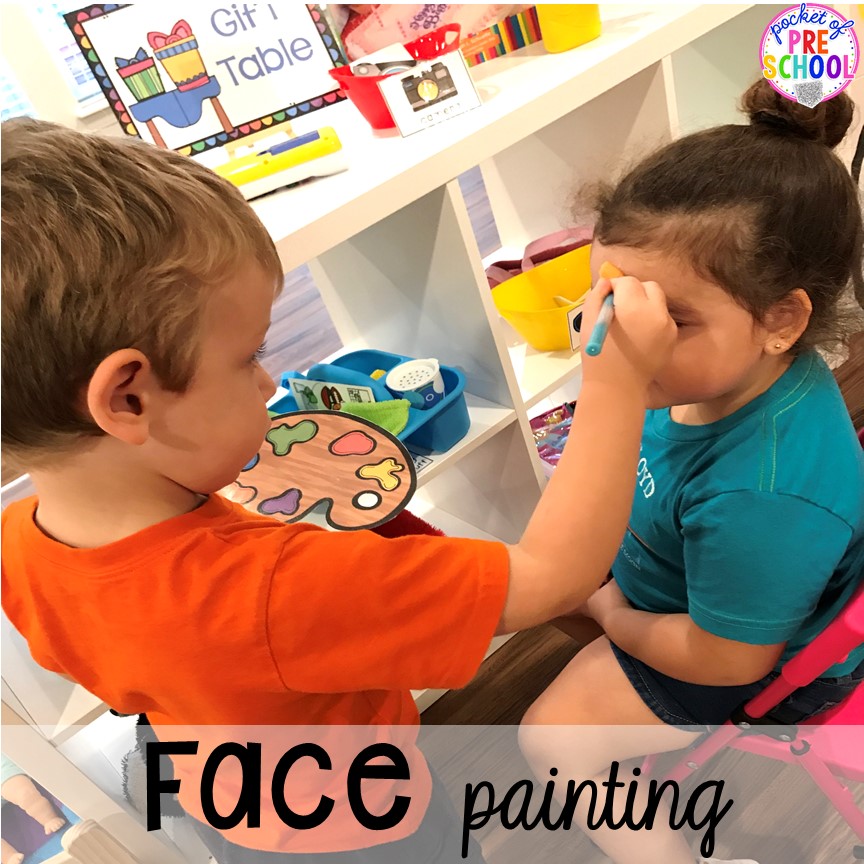 Face painting for a Birthday Party in dramatic play. Perfect for a preschool & pre-k classroom. #dramaticplay #preschool #pre-k #birthdaytheme