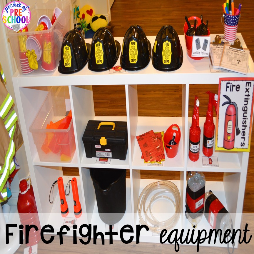 Fire equipment for a Fire Station dramatic play is so much for a fire safety theme or community helpers theme. #dramaticplay #firestationdramaticplay #preschool #prek #firesafteytheme