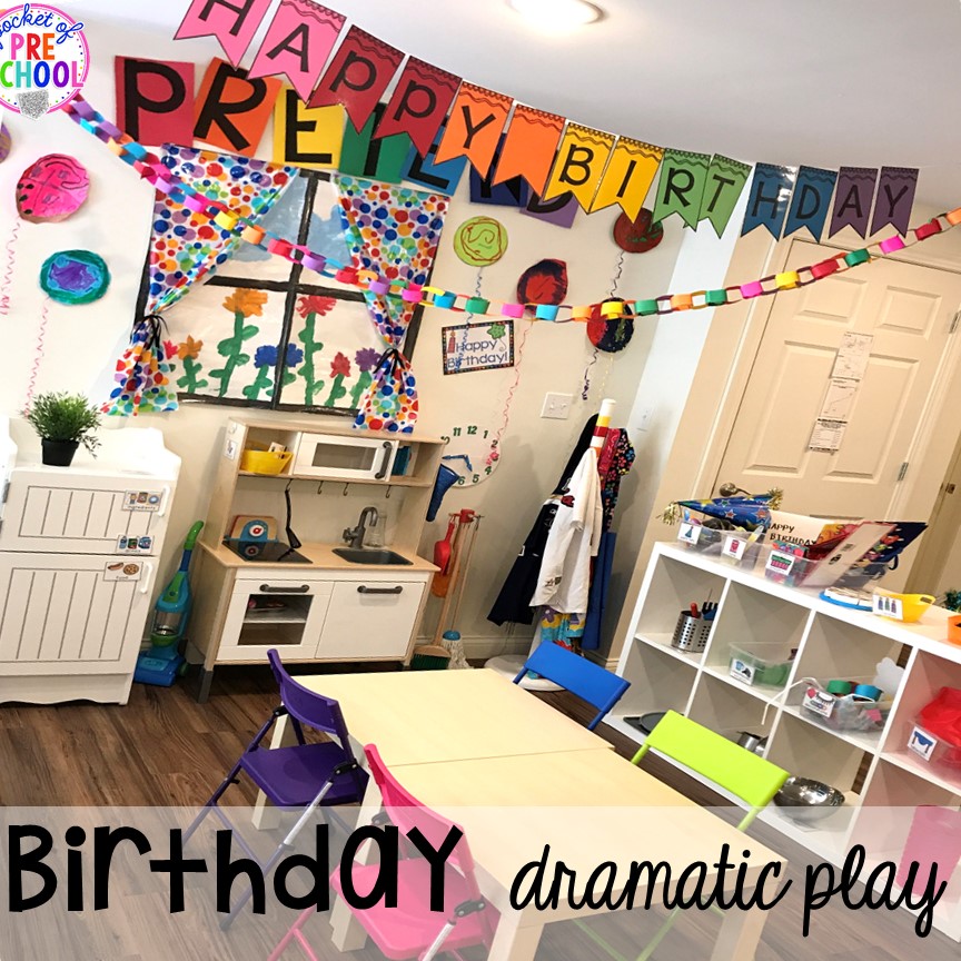 How to set up a Birthday Party dramatic play in a preschool & pre-k classroom. #dramaticplay #preschool #pre-k #birthdaytheme