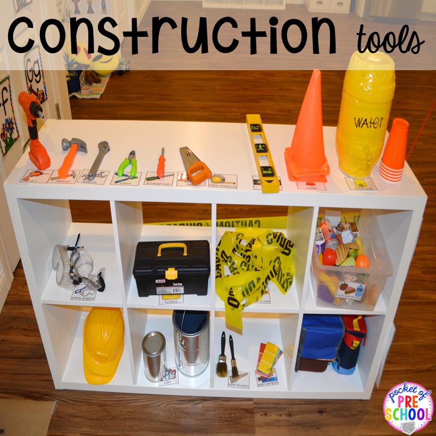 Construction tools for a Construction site dramatic play perfect for preschool, pre-k, and kindergarten. #constructiontheme #preschool #prek #dramaticplay