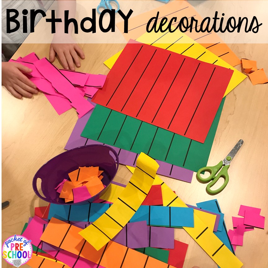 Make birthday decorations for a Birthday Party dramatic play. Perfect for a preschool & pre-k classroom. #dramaticplay #preschool #pre-k #birthdaytheme