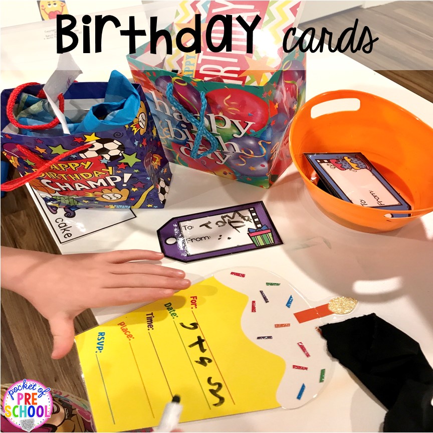 Birthday card making for a Birthday Party dramatic play. Perfect for a preschool & pre-k classroom. #dramaticplay #preschool #pre-k #birthdaytheme