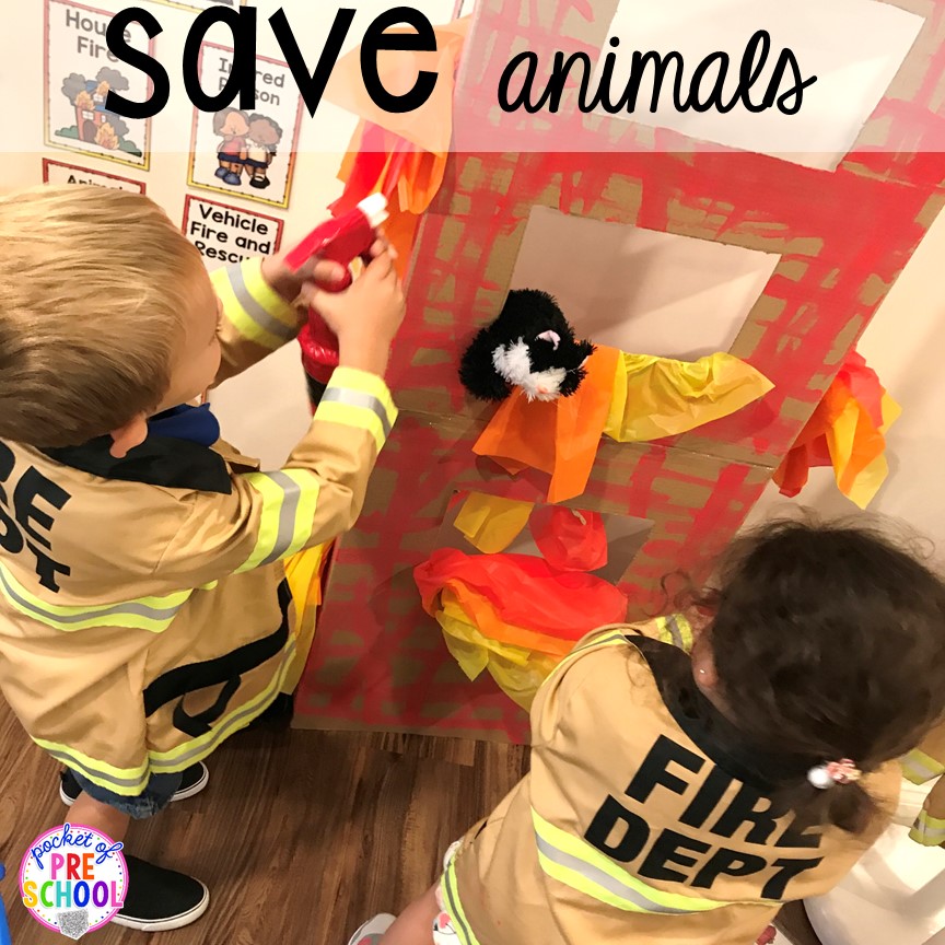 Save animals at the Fire Station dramatic play! It's so much for a fire safety theme or community helpers theme. #dramaticplay #firestationdramaticplay #preschool #prek #firesafteytheme