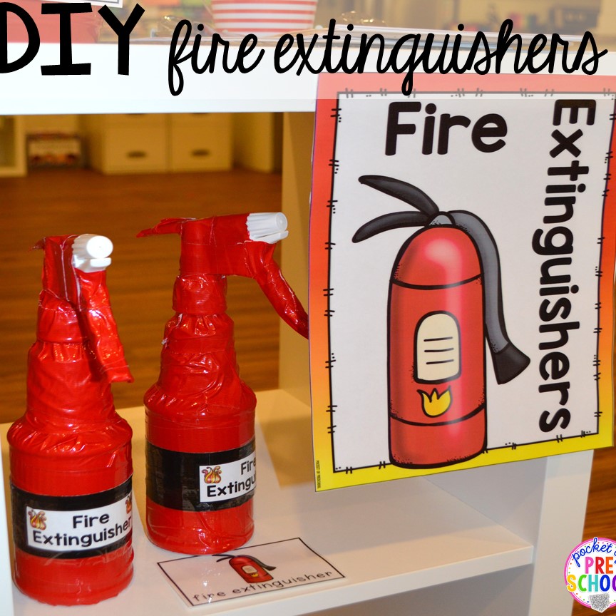 DIY fire extinguishers! Fire Station dramatic play! It's so much for a fire safety theme or community helpers theme. #dramaticplay #firestationdramaticplay #preschool #prek #firesafteytheme