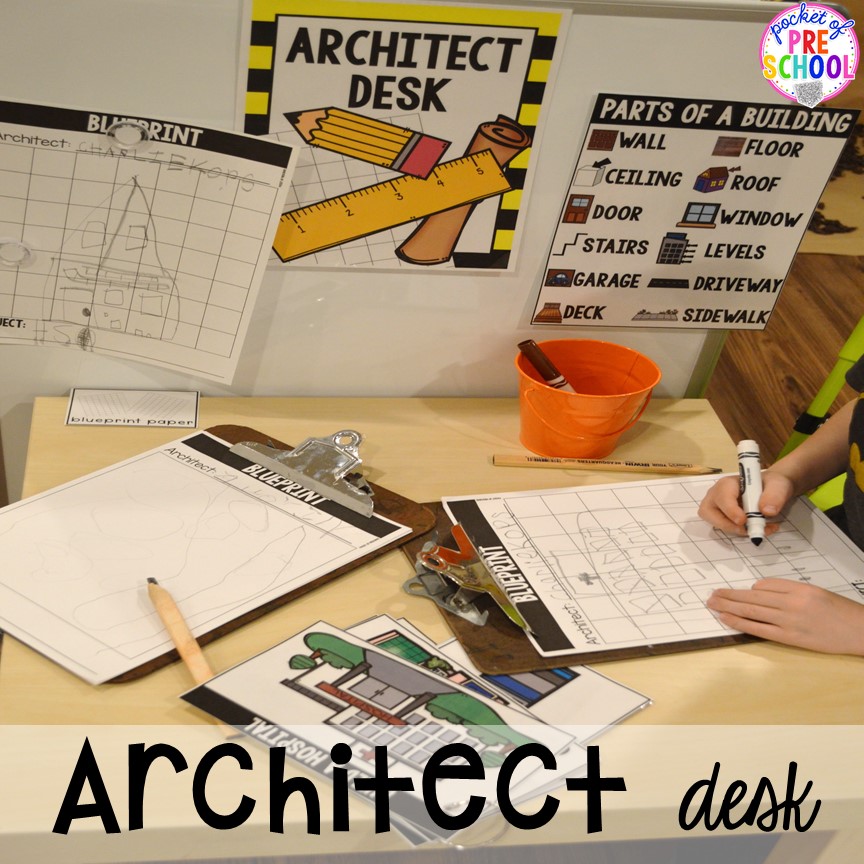 Architect desk at a Construction site dramatic play perfect for preschool, pre-k, and kindergarten. #constructiontheme #preschool #prek #dramaticplay
