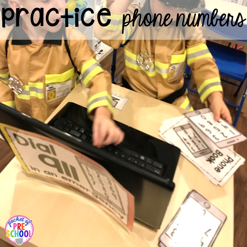 Practice phone numbers at the Fire Station dramatic play! It's so much for a fire safety theme or community helpers theme. #dramaticplay #firestationdramaticplay #preschool #prek #firesafteytheme