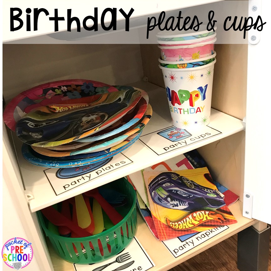 Birthday plates & cups for a Birthday Party in dramatic play. Perfect for a preschool & pre-k classroom. #dramaticplay #preschool #pre-k #birthdaytheme