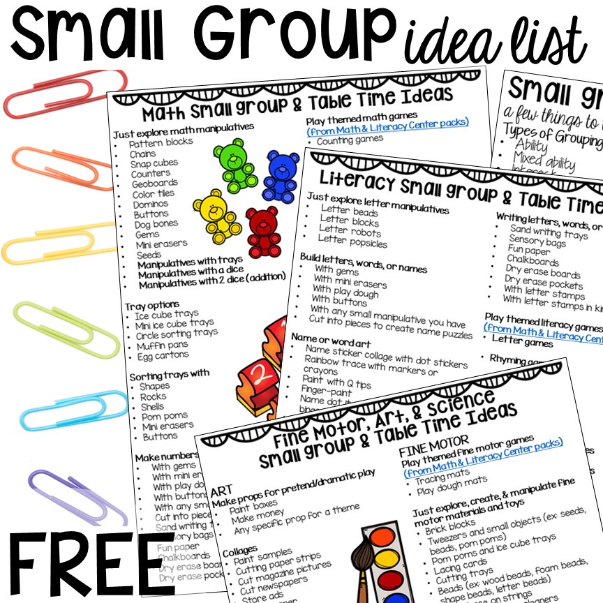 FREEBIE! Small group ideas for preschool, pre-k, and kindergarten FREE printable list! #smallgroup #preschool #prek #lessonplans