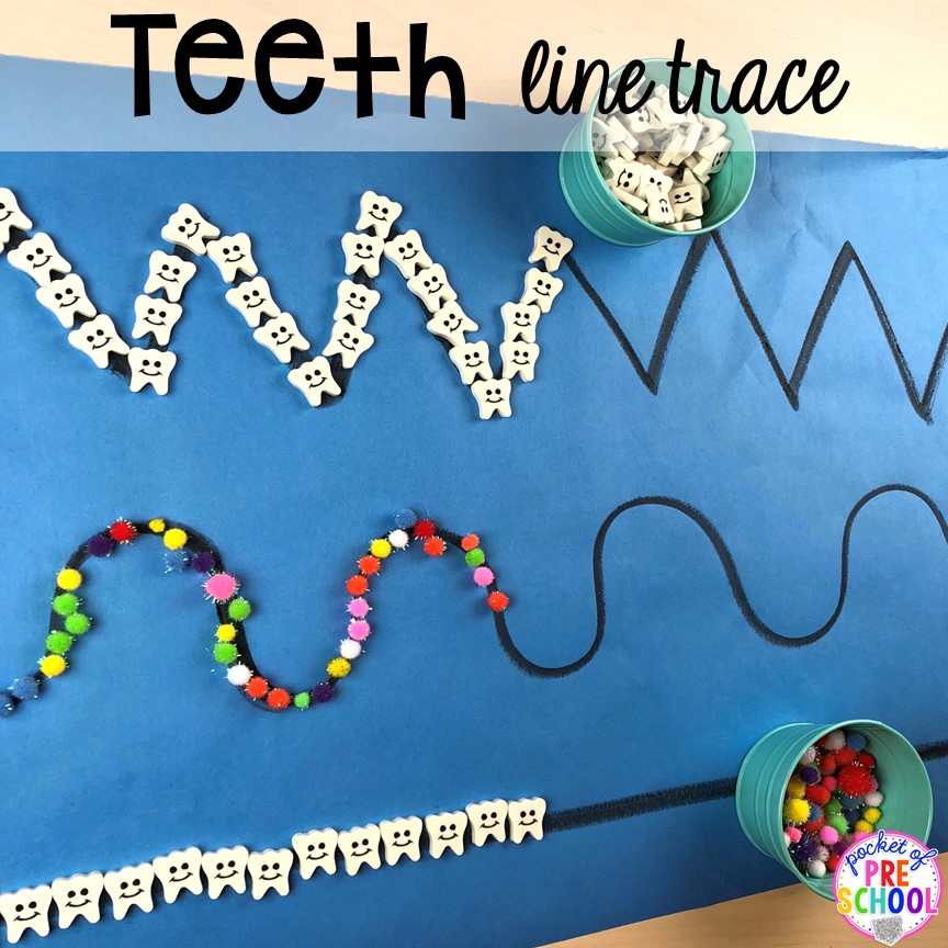 Tooth and cavity line trace! Dental health themed activities and centers for preschool, pre-k, and kindergarten (FREEBIES too) #dentalhealththeme #preschool #pre-k #tooththeme