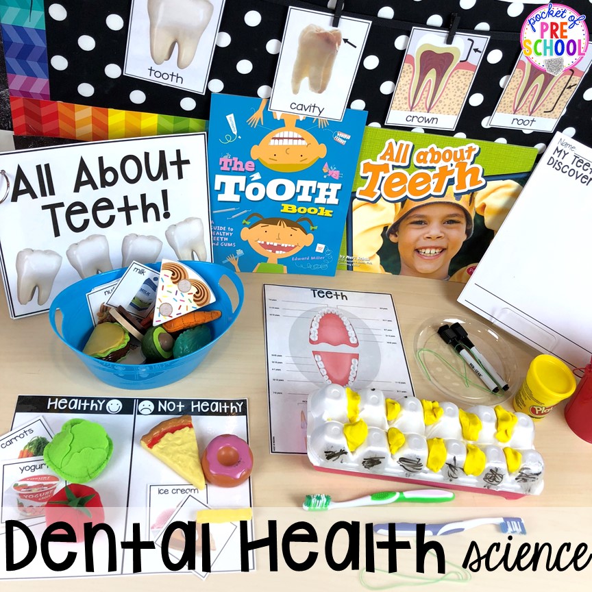 Dental health science table! Dental health themed activities and centers for preschool, pre-k, and kindergarten (FREEBIES too) #dentalhealththeme #preschool #pre-k #tooththeme