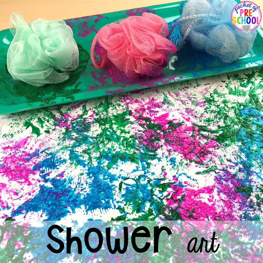 Shower art! My Body themed centers and activities FREEBIES too! Preschool, pre-k, and kindergarten kiddos will love these centers.