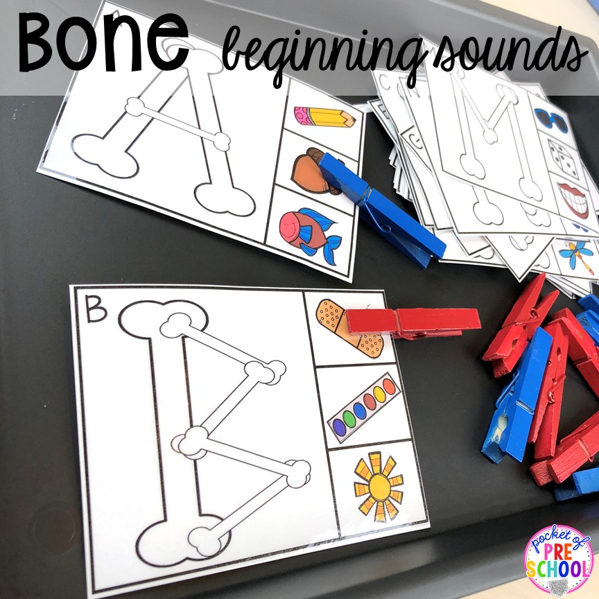 Bone beginning sound cards! My Body and Health centers and activities FREEBIES too! Preschool, pre-k, and kindergarten kiddos will love these centers.