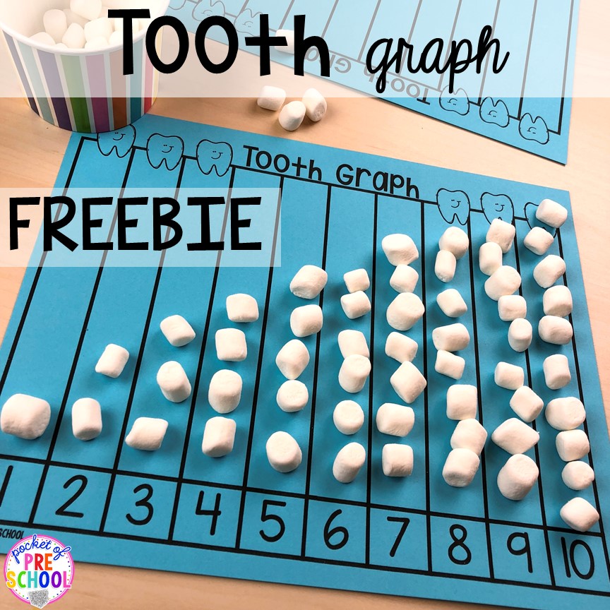 Free tooth graph! Dental health themed activities and centers for preschool, pre-k, and kindergarten (FREEBIES too) #dentalhealththeme #preschool #pre-k #tooththeme