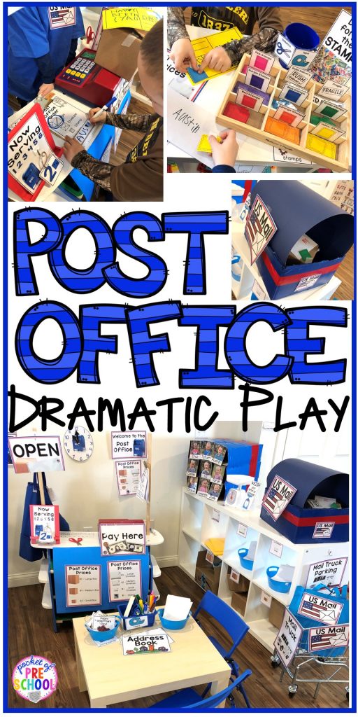 How to set up a Post Office in the dramatic play or pretend center and embed a ton of math and literacy experiences into their play! Perfect for preschool, pre-k, and kindergarten classrooms.