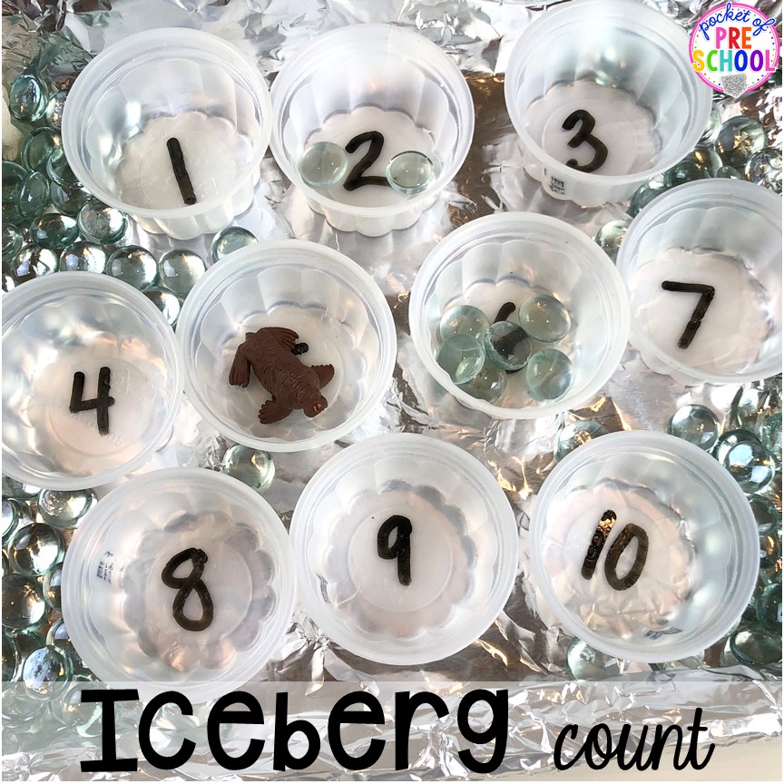 Iceberg count math game! Polar animal themed activities and centers for preschool, pre-k, and kindergarten. #polaranimals #polaranimaltheme #preschool #prek