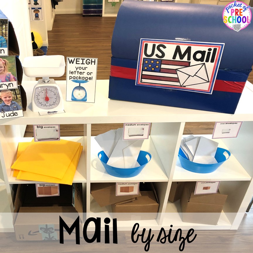 How to set up a Post Office in the dramatic play or pretend center. Perfect for a preschool, pre-k, or kindergarten classroom.