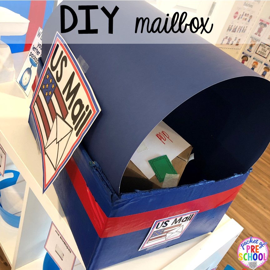 DIY post office mailbox! How to set up a Post Office in the dramatic play or pretend center. Perfect for a preschool, pre-k, or kindergarten classroom.