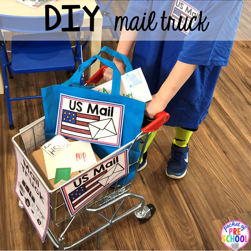 DIY mail truck for a post office! How to set up a Post Office in the dramatic play or pretend center. Perfect for a preschool, pre-k, or kindergarten classroom.