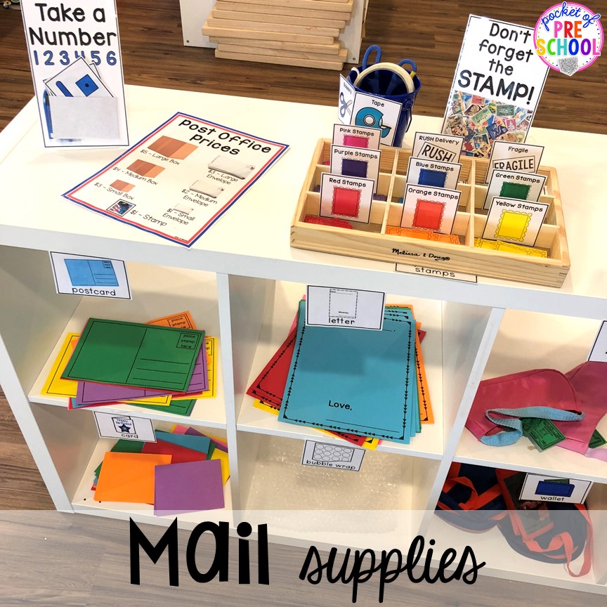 Mail supplies for the Post Office! How to set up a Post Office in the dramatic play or pretend center. Perfect for a preschool, pre-k, or kindergarten classroom.