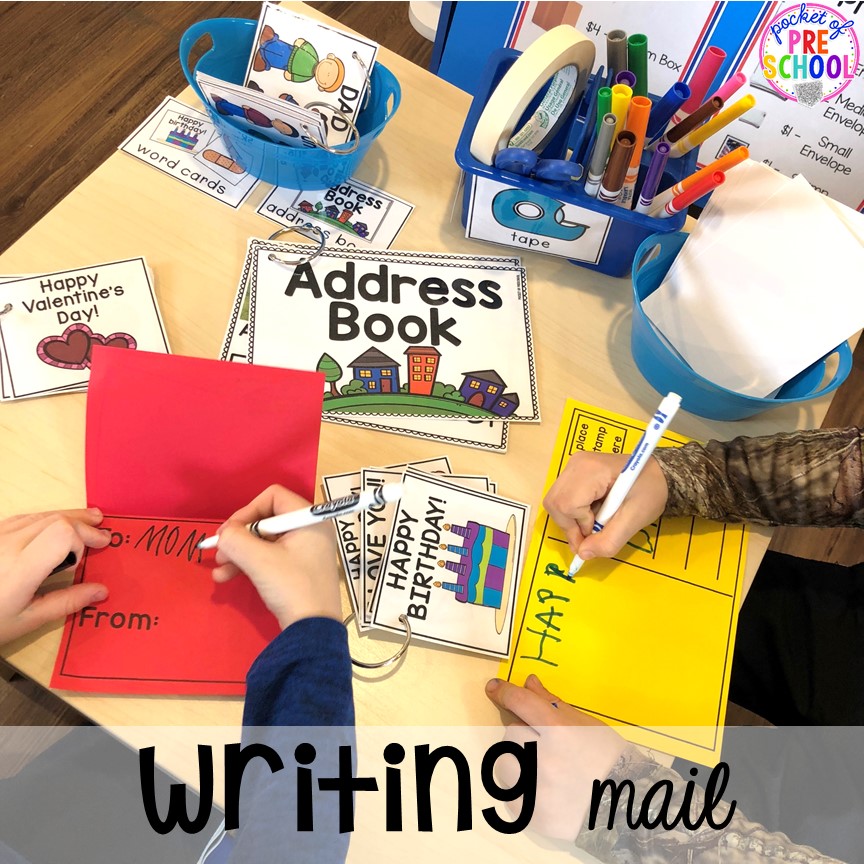 Writing mail at the post office! How to set up a Post Office in the dramatic play or pretend center. Perfect for a preschool, pre-k, or kindergarten classroom.