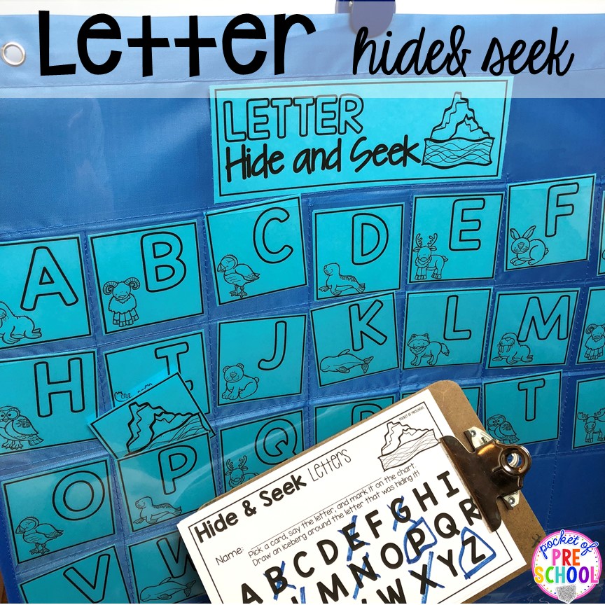 Letter hide and seek! Polar animal themed activities and centers for preschool, pre-k, and kindergarten. #polaranimals #polaranimaltheme #preschool #prek