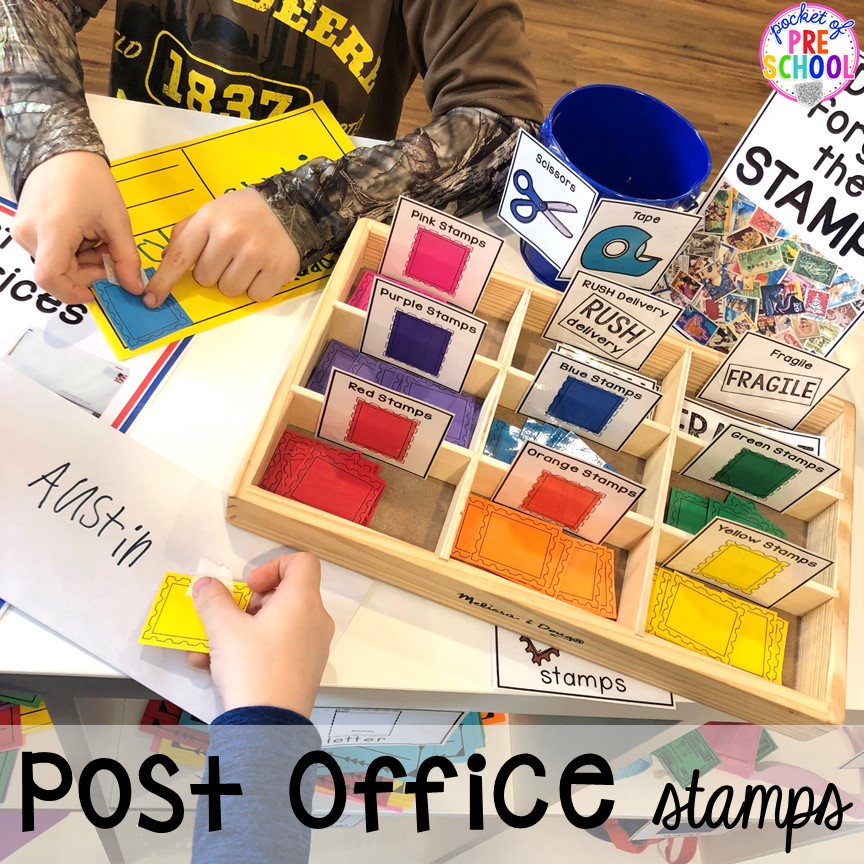 Color stamps for the Post Office in dramatic play! How to set up a Post Office in the dramatic play or pretend center. Perfect for a preschool, pre-k, or kindergarten classroom.