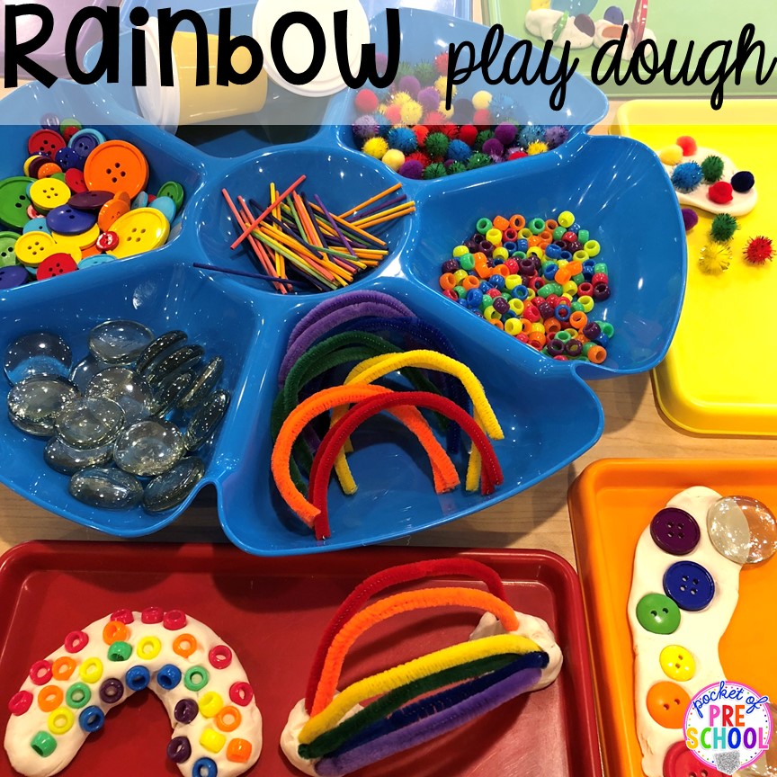 Rainbow play dough tray! All our favorite weather themed activities (literacy, math, STEM, science, sensory, fine motor). Designed for preschool, pre-k, and kindergarten kiddos. #weathertheme #preschool #prek #kindergarten