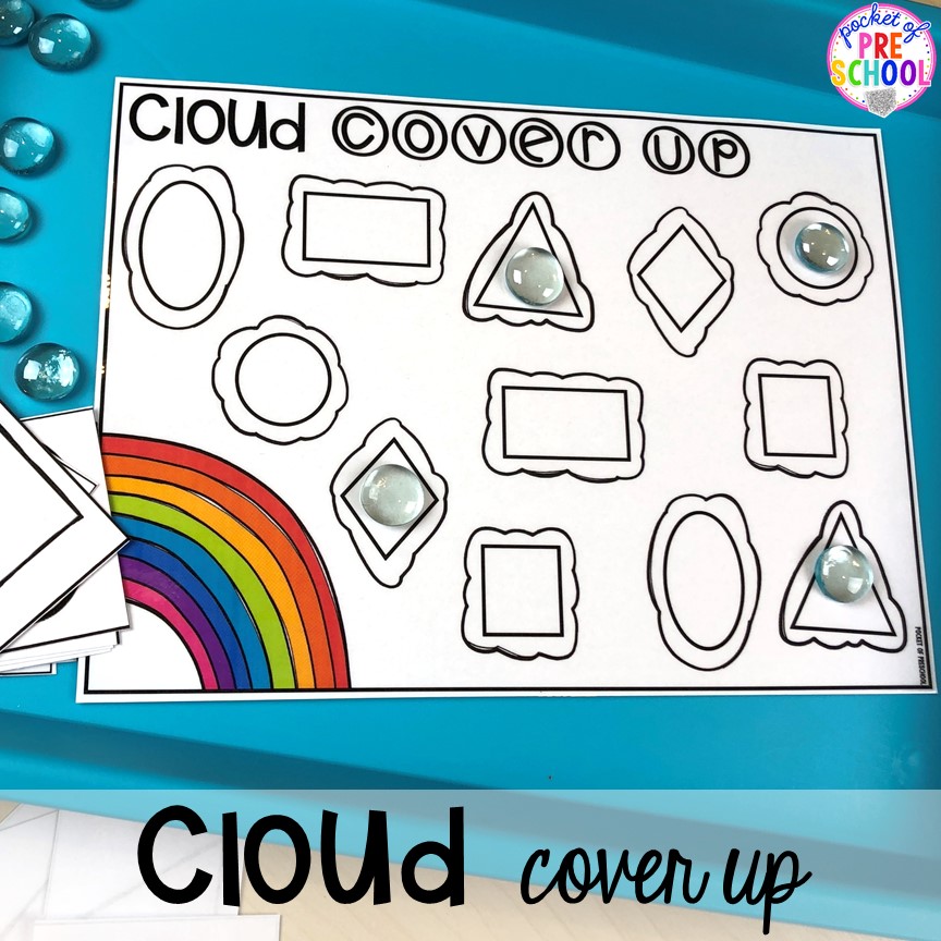 Cloud shape cover up! All our favorite weather themed activities (literacy, math, STEM, science, sensory, fine motor). Designed for preschool, pre-k, and kindergarten kiddos. #weathertheme #preschool #prek #kindergarten