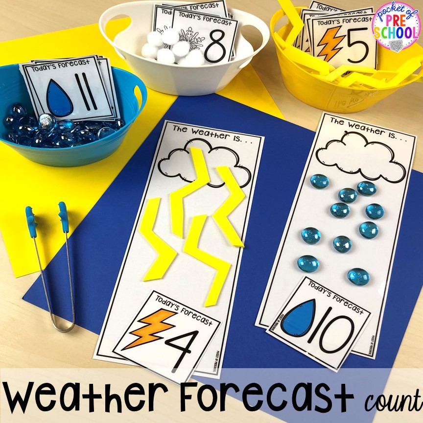 Weather forecast count! All our favorite weather themed activities (literacy, math, STEM, science, sensory, fine motor). Designed for preschool, pre-k, and kindergarten kiddos. #weathertheme #preschool #prek #kindergarten