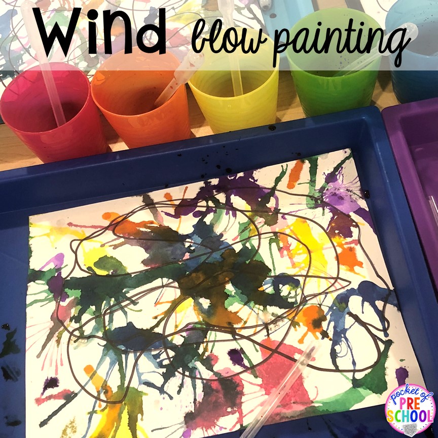Wind blow painting! All our favorite weather themed activities (literacy, math, STEM, science, sensory, fine motor). Designed for preschool, pre-k, and kindergarten kiddos. #weathertheme #preschool #prek #kindergarten