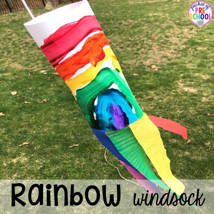Rainbow windsocks! All our favorite weather themed activities (literacy, math, STEM, science, sensory, fine motor). Designed for preschool, pre-k, and kindergarten kiddos. #weathertheme #preschool #prek #kindergarten