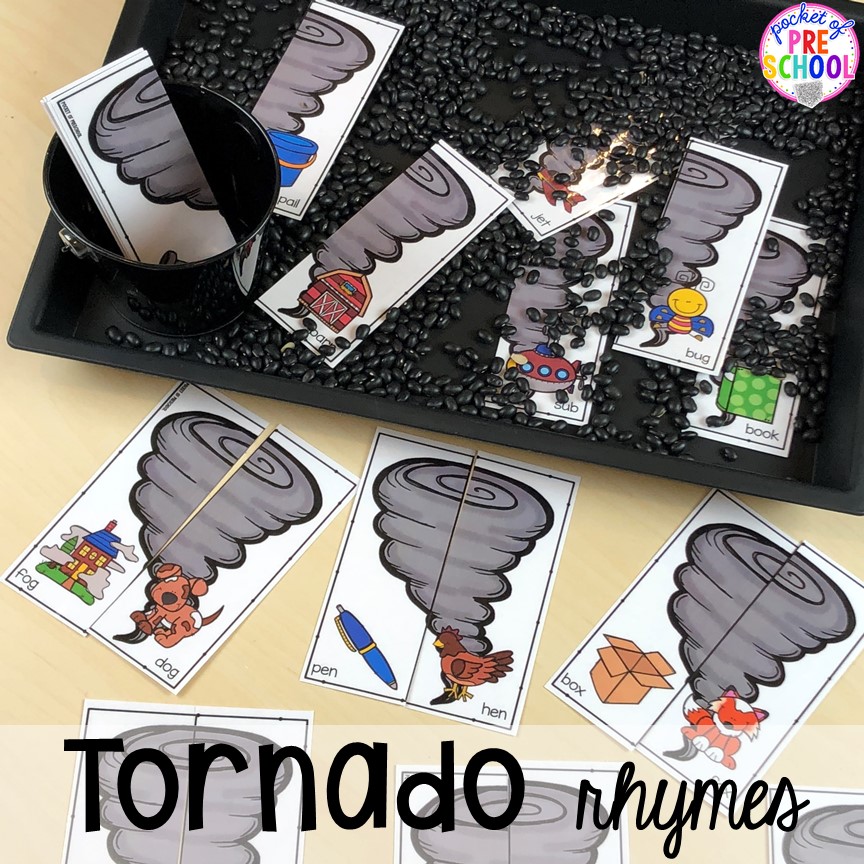 Tornado rhyme game! All our favorite weather themed activities (literacy, math, STEM, science, sensory, fine motor). Designed for preschool, pre-k, and kindergarten kiddos. #weathertheme #preschool #prek #kindergarten