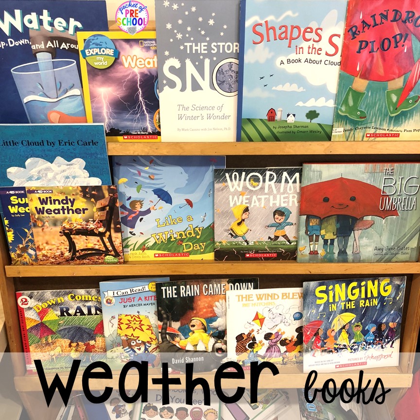 Weather books! All our favorite weather themed activities (literacy, math, STEM, science, sensory, fine motor). Designed for preschool, pre-k, and kindergarten kiddos. #weathertheme #preschool #prek #kindergarten