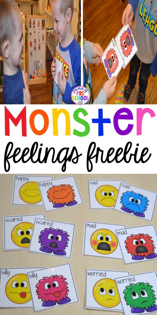 FREE feeling cards! Monster feelings game for preschool, pre-k, and kindergarten. #feelingtheme #socialskills #preschool #prek #kindergarten 
