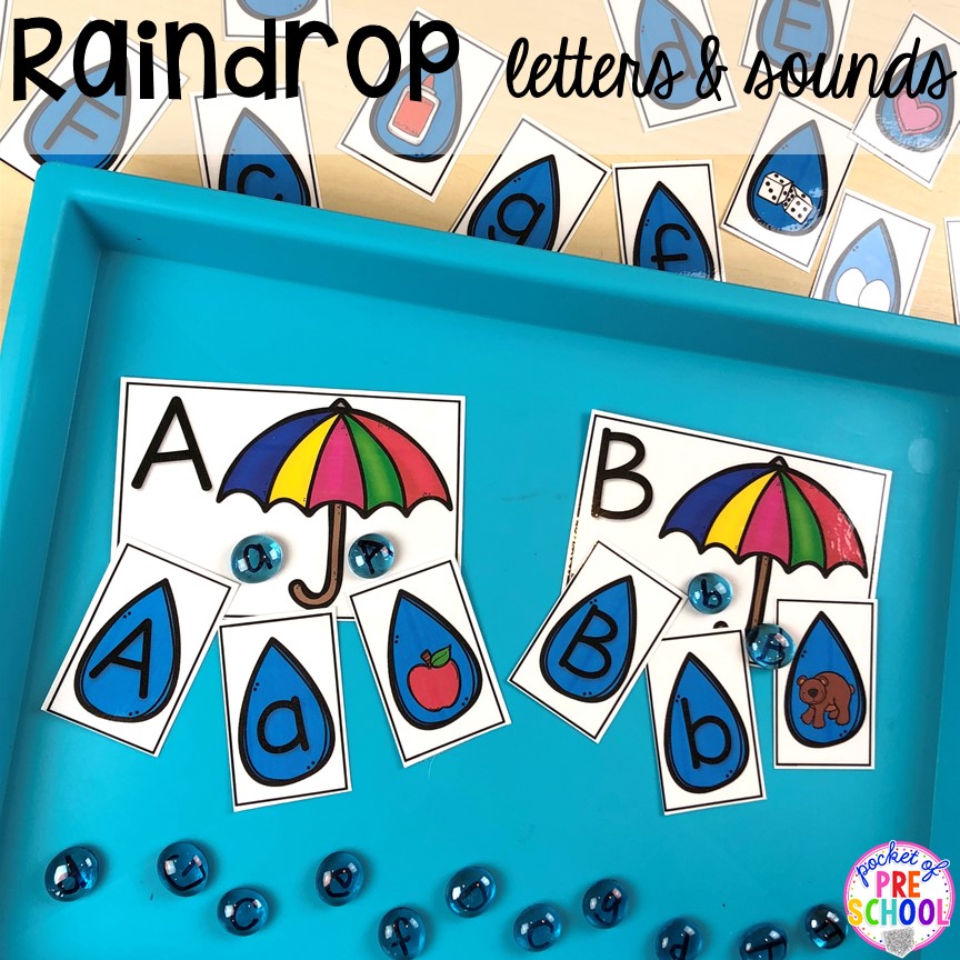 Raindrop letters and sounds game! All our favorite weather themed activities (literacy, math, STEM, science, sensory, fine motor). Designed for preschool, pre-k, and kindergarten kiddos. #weathertheme #preschool #prek #kindergarten