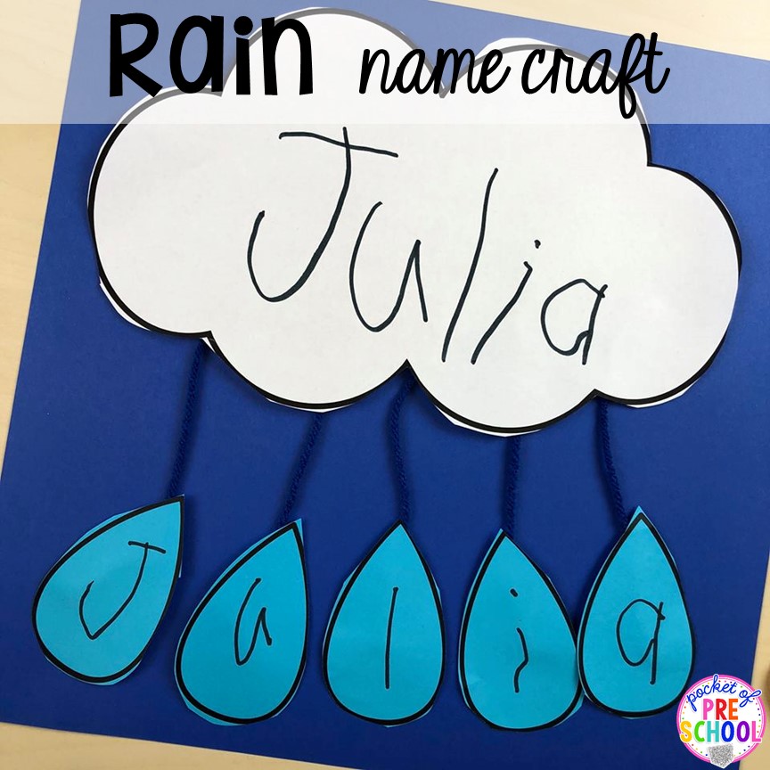 Rain name craft! All our favorite weather themed activities (literacy, math, STEM, science, sensory, fine motor). Designed for preschool, pre-k, and kindergarten kiddos. #weathertheme #preschool #prek #kindergarten