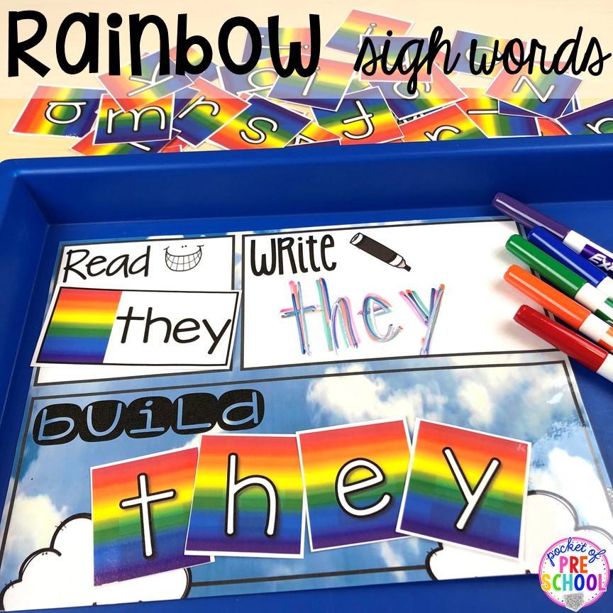 Rainbow sight words! All our favorite weather themed activities (literacy, math, STEM, science, sensory, fine motor). Designed for preschool, pre-k, and kindergarten kiddos. #weathertheme #preschool #prek #kindergarten