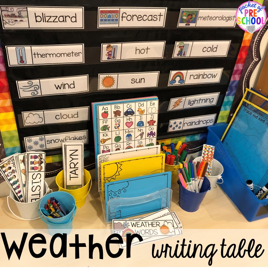 Weather themed writing table! All our favorite weather themed activities (literacy, math, STEM, science, sensory, fine motor). Designed for preschool, pre-k, and kindergarten kiddos. #weathertheme #preschool #prek #kindergarten