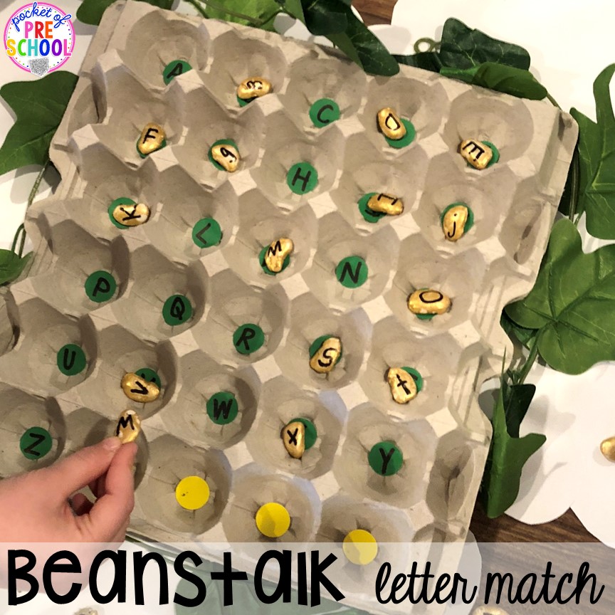Beanstalk letter match! Favorite Fairy Tales activities for every center plus a shape crown freebie all designed for preschool, pre-k, and kindergarten #fairytalestheme #preschool #prek #kindergarten
