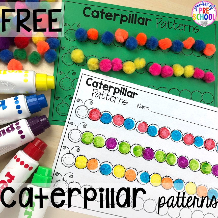 Pattern caterpillar FREEBIE! Bug themed activities and centers for preschool, and kindergarten (freebies too)! Perfect for spring, summer, or fall! #bugtheme #insecttheme #preschool #prek #kindergarten