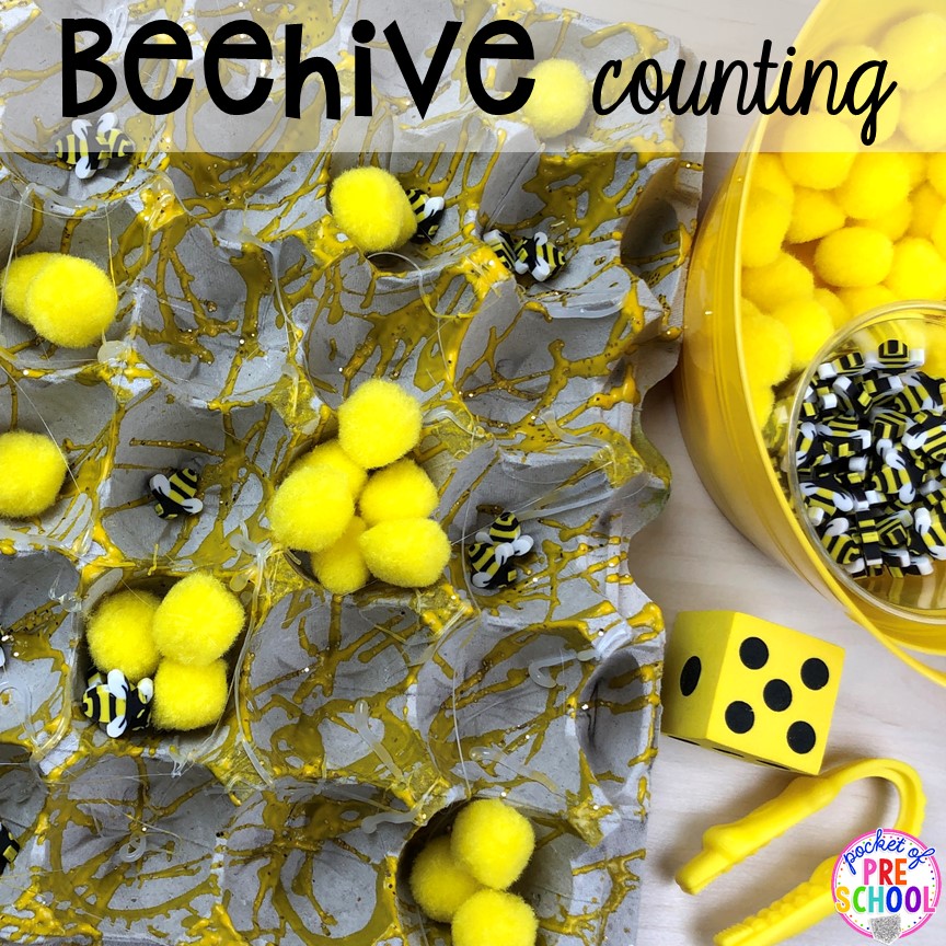 Beehive fine motor count! Bug themed activities and centers for preschool, and kindergarten (freebies too)! Perfect for spring, summer, or fall! #bugtheme #insecttheme #preschool #prek #kindergarten